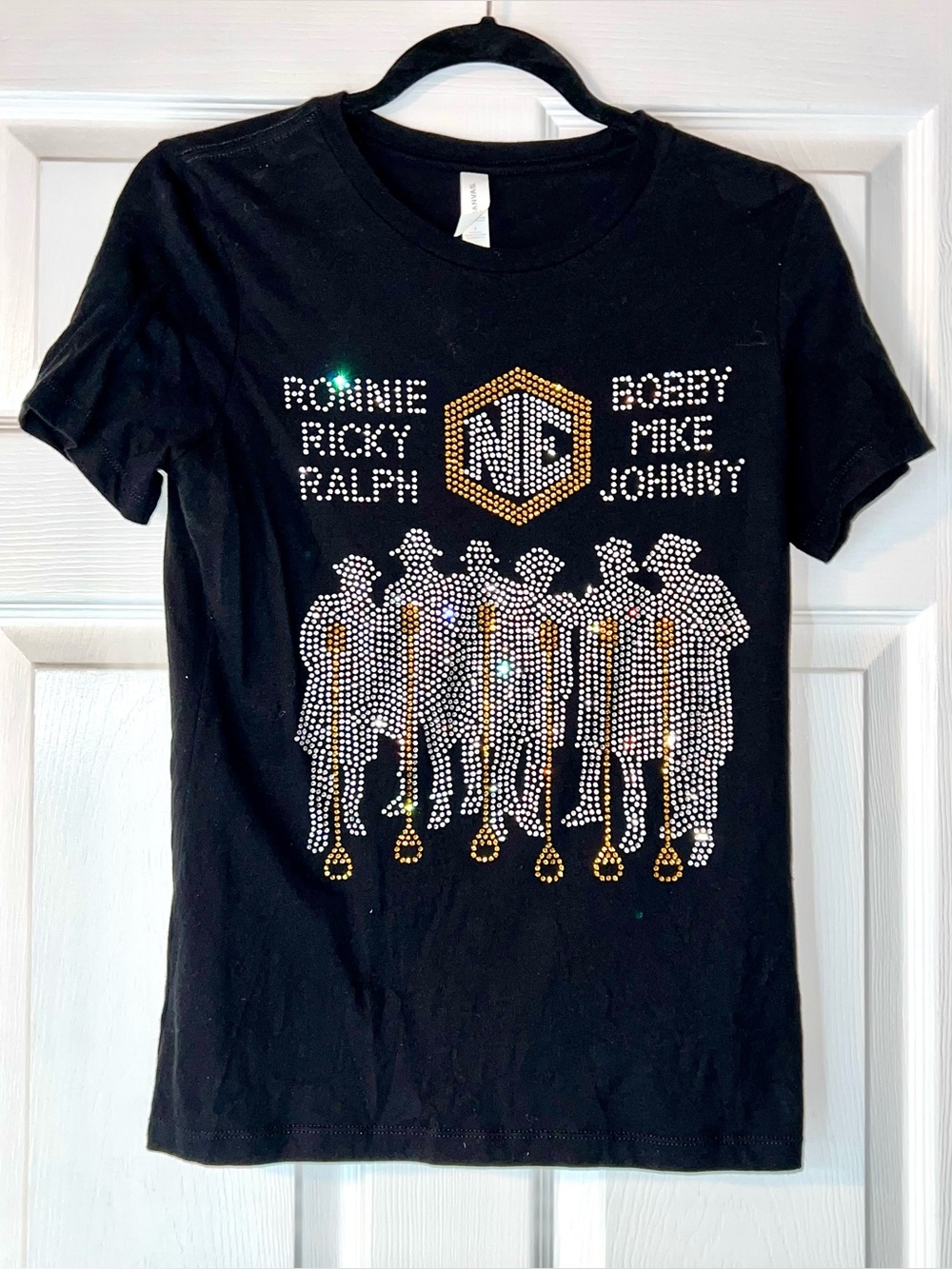 Embellished Black Graphic Tee with Gold & Silver Rhinestones